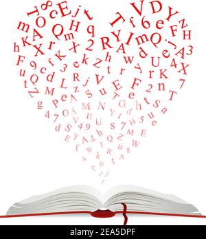 Offenes Buch mit Herz aus Buchstaben für Bildungsdesign Stock Vektor