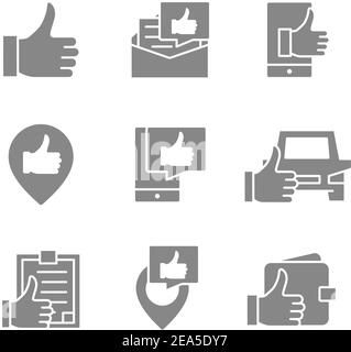 Satz grauer Symbole für Feedback mit Daumen nach oben. „Gefällt mir“, „Favorit“, „Qualitätskontrolle“, „Kundenbewertung“ und vieles mehr. Stock Vektor