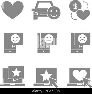 Satz grauer Symbole für Kundenfeedback. Bewertung, Wohltätigkeit, soziale Netzwerke, Testimonials und mehr. Stock Vektor