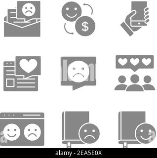 Satz grauer Feedback-Symbole. Mögen und Abneigung, Nächstenliebe, Favorit, Qualitätskontrolle, Kundenbewertung und mehr. Stock Vektor