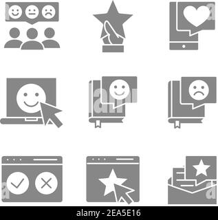 Satz grauer Feedback-Symbole. Testimonials, Rating, soziale Netzwerke, Verbrauchermeinungen und mehr. Stock Vektor