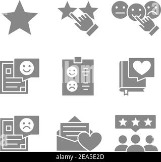 Satz grauer Feedback-Symbole. Bewertung, Wohltätigkeit, soziale Netzwerke, Verbrauchermeinungen und mehr. Stock Vektor