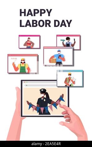 Menschen in verschiedenen Berufen feiern Tag der Arbeit Mischung Rennarbeiter In Web-Browser-Fenster Online-Kommunikation Selbstisolierung Konzept Porträt Vertikale Vektordarstellung Stock Vektor