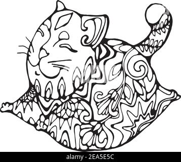 Glückliche Katze in Yoga-Pose mit Ornament und Lächeln. Stock Vektor