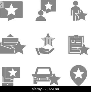 Satz grauer Symbole für Sternrückmeldungen. Testimonials, Rating, soziale Netzwerke, Qualitätskontrolle und vieles mehr. Stock Vektor