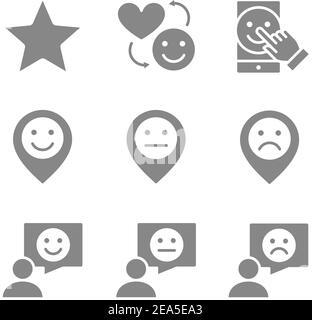 Satz von Kundenreferenzen graue Symbole. Kundenbewertungen, Bewertungen, Feedback, soziale Netzwerke und vieles mehr. Stock Vektor