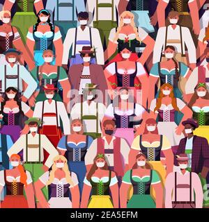 Menschenmenge in medizinischen Masken Bier trinken Oktoberfest Party Feier coronavirus Quarantäne Konzept Mischung Rennen Männer Frauen Spaß haben Vektordarstellung im Hochformat Stock Vektor