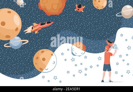 Junge in moderner Kleidung Zeichnung Kosmos, Planeten, Raumschiffe und Sterne Vektor flache Illustration. Niedliches Kind träumt vom Reisen im Weltraum. Kinder Phantasie und Kreativität. Stock Vektor