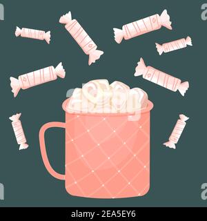 Pink White Vektor isoliert flach niedlichen Bonbons mit Herzen, niedlich gemusterte Tasse heißen Kaffee oder Schokolade und Cartoon Marshmallows auf blauem Hintergrund fo Stock Vektor