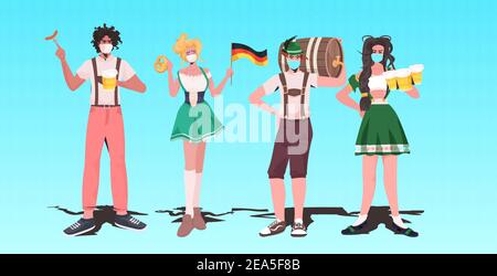 Mischen Rennen Menschen in traditionellen Kleidern feiern Oktoberfest Party Männer Frauen tragen Masken, um Coronavirus Pandemie volle Länge horizontal zu verhindern vektorgrafik Stock Vektor