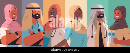 Set arabischen Ärzte Avatare arabischen Männern Frauen tragen Hijabs medizinische Arbeiter Sammlung Medizin Gesundheitswesen Konzept horizontale Porträt Vektor Illustration Stock Vektor