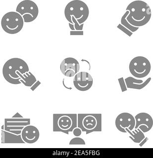 Satz grauer Symbole für das Feedback von Emotionen. Testimonials, Lächeln, aufgeregt, emotionsloses Gesicht und mehr. Stock Vektor