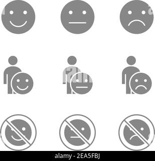 Satz grauer Symbole für das Feedback von Emotionen. Testimonials, positive und negative Emotionen und mehr. Stock Vektor
