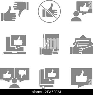Satz grauer Symbole für Feedback mit Daumen nach oben. Mögen und Abneigung, Nächstenliebe, Favorit, Qualitätskontrolle, Kundenbewertung und mehr. Stock Vektor