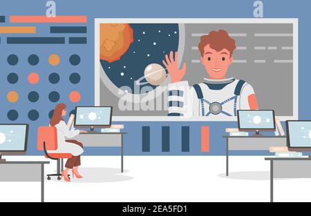 Space Flight Control Center Vektor flache Abbildung. Wissenschaftlerin Frau in weißem Gewand im Gespräch über Satellitenverbindung mit einem Astronauten. Missionskontrolle, Raumfahrt und Expeditionsüberwachung. Stock Vektor