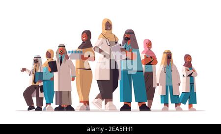 arabisches Team von medizinischen Fachkräften diskutieren während des Treffens arabischen Ärzten Zusammen stehend Medizin Gesundheitswesen Konzept horizontale volle Länge Vektor Illustration Stock Vektor