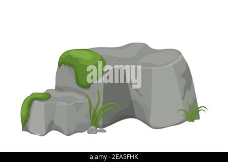 Stein, Stein mit Moos und Gras isoliert auf weißem Hintergrund. Big Boulder Element, Granit Block für ui-Spiele, Dekoration, Cliparts im Cartoon-Stil. V Stock Vektor