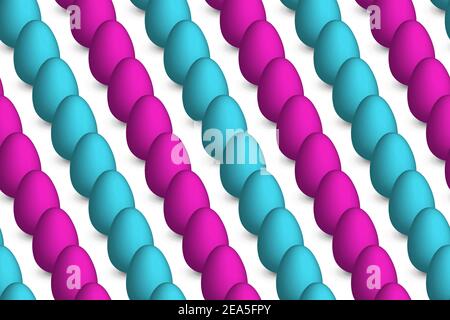 Happy Easter Nahtloses Muster mit blauen und rosa Eiern auf weißem Hintergrund. Design für Karte, Postkarte, Tapete, Banner, Poster. 3D Vektormaterial Stock Vektor