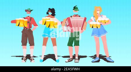 Mischen Rennen Menschen in traditionellen Kleidern feiern Oktoberfest Party Männer Frauen tragen Masken, um Coronavirus Pandemie volle Länge horizontal zu verhindern vektorgrafik Stock Vektor