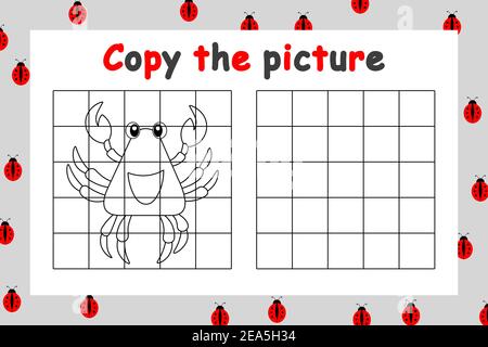Kopieren Sie das Bild. Pädagogisches Spiel für Kinder. Niedliche Krabbe. Zeichenaktivität für Kinder. Bunte Cartoon Vektor Illustration. Stock Vektor