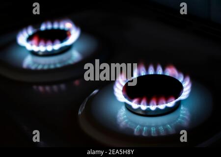 Brennender Gasbrenner in der Dunkelheit. Die Flamme eines brennenden Gasfeuers auf schwarzem Hintergrund. Stockfoto