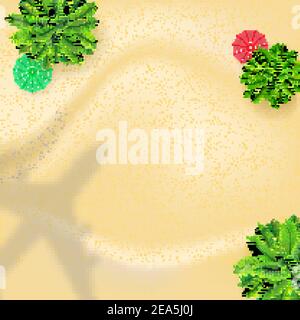 Blick von oben auf den Schatten des Flugzeugs über dem Strand. Flugzeug fliegt unter dem Resort mit Palmen und Sonnenschirmen. Vektorhintergrund Stock Vektor