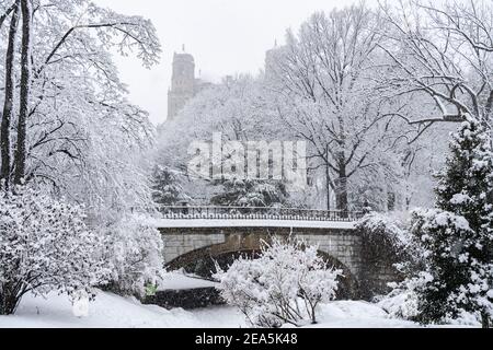 New York City Central Park während eines Schneesturms Stockfoto