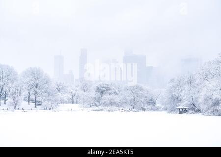 Blick über einen gefrorenen See im Central Park während einer Nor'easter. Stockfoto