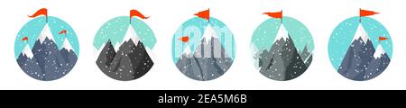 Set von verschneiten Bergen in flachen Stil. Winter felsige Berglandschaft. Outdoor-Reisen und Tourismus, Wandern. Klettern auf dem Berggipfel. Vektor Stock Vektor