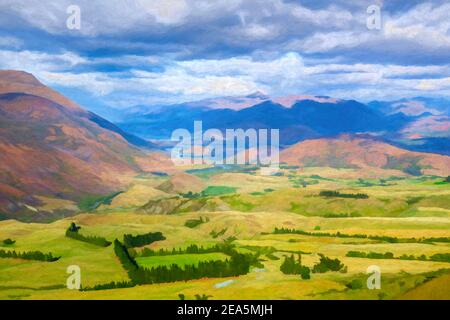 Digitale Malerei des Blickes aus Crown Range Lookout, Otago, Neuseeland. Stockfoto