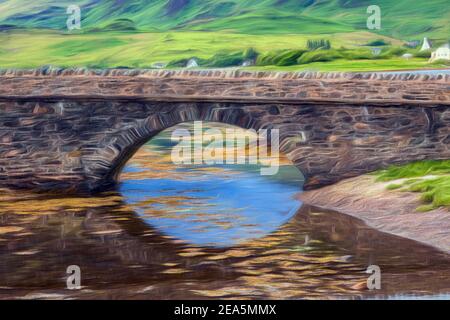 Digitale Malerei einer Brücke, die sich im Wasser eines loch in Schottland widerspiegelt. Stockfoto