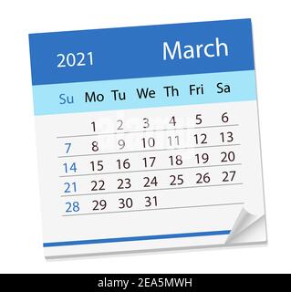 Kalenderblatt für den Monat März 2021. Vektorgrafik. Die Woche beginnt am Sonntag Stock Vektor