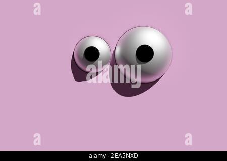 3D Illustration von zwei lustigen, unterschiedlich großen Augen auf einem violetten, isolierten Hintergrund. Fröhliche lustige Cartoon Augen Konzept Stockfoto