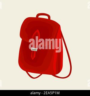 Rucksack im flachen Stil. Ledertasche in Rot. Flaches Design. Mode Accessoire für die Schule. Isoliertes Vektorsymbol. Jugend modernes Modell. Aktentasche in lässiger Form Stock Vektor