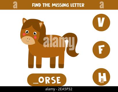 Suchen Sie nach einem fehlenden Buchstaben. Niedliches Cartoon Pferd. Pädagogische Rechtschreibung Spiel für Kinder. Stock Vektor