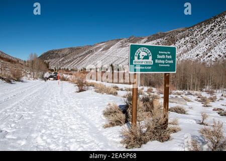 Die Straße am South Fork Bishop Creek in Inyo County, CA vorbei ist zu dieser Jahreszeit mit Schnee bedeckt, was es zu einem guten Wanderweg macht, auch für Hunde. Stockfoto