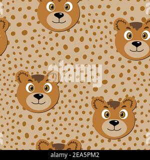 Vektor flache Tiere bunte Illustration für Kinder. Nahtloses Muster mit niedlichen Bär Gesicht auf beige Punkte Hintergrund. Entzückende Cartoon-Figur Stock Vektor