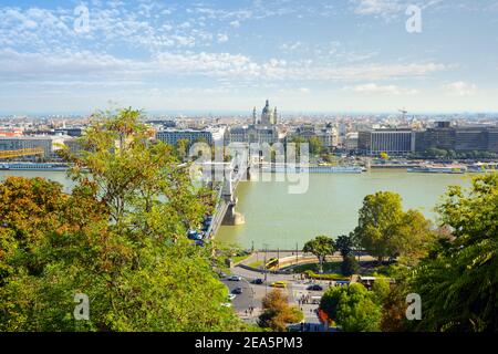 Ein Blick auf Pest von der Budaer Burg Komplexe, die die Promenade, die Donau und die Kettenbrücke an einem sonnigen Nachmittag. Stockfoto