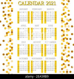2021 Kalenderplaner. Сorporate Woche. Vorlagenlayout, 12 Monate jährlich, weißer und gelber Hintergrund. Einfaches Design für Business-Broschüre, Flyer Stock Vektor