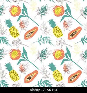 Nahtloses Muster mit tropischen Blumen, Blättern und Früchten. Stock Vektor