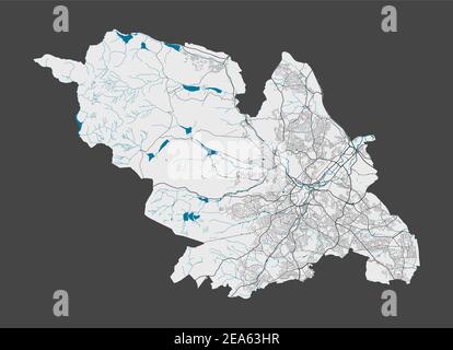 Sheffield-Karte. Detaillierte Karte von Sheffield Stadt Verwaltungsgebiet. Stadtbild-Panorama. Lizenzfreie Vektorgrafik. Übersichtskarte mit Autobahnen, st Stock Vektor