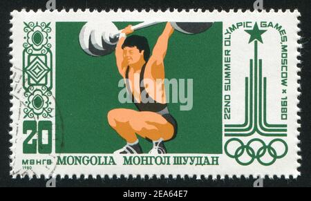 MONGOLEI - UM 1980: Briefmarke gedruckt von der Mongolei, zeigt Gewichtheben, um 1980 Stockfoto