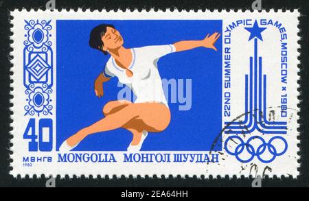 MONGOLEI - UM 1980: Briefmarke gedruckt von der Mongolei, zeigt Gymnastik, um 1980 Stockfoto