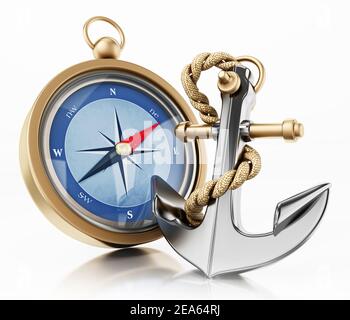 Kompass und Anker isoliert auf weißem Hintergrund. 3D Abbildung. Stockfoto