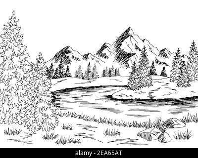 Mountain River Grafik schwarz weiß Landschaft Skizze Illustration Vektor Stock Vektor