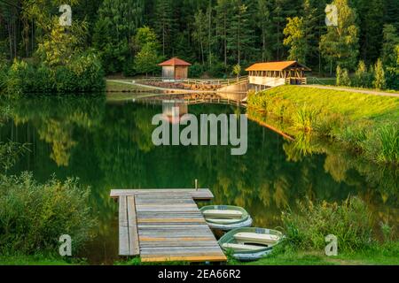 Brücke über die Nagoldtalsperre im Schwarzwald mit einem Steg und Booten vorne, bei Freudenstadt, Baden-Württemberg, Ger Stockfoto