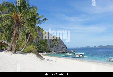 Makelloser weißer Strand mit Kokospalmen auf den Philippinen Stockfoto