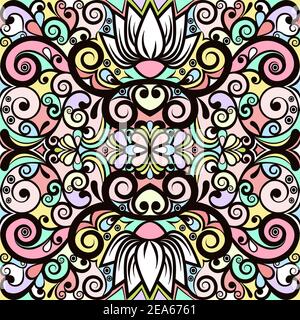 Florales abstraktes Ornament, helles pastellfarbenes Muster, mehrfarbiger Hintergrund, ethnisches Strudel Tracery, Handzeichnung. Kunstvolle Dekoration mit Blumen Stock Vektor