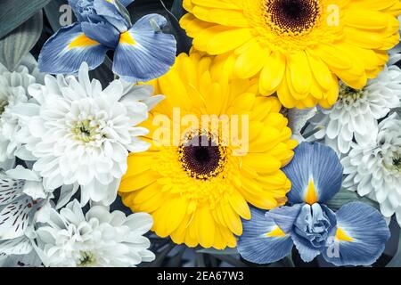 Bouquet von gelben und blauen Blumen im Vintage-Stil. Blumenmuster, Geschenkkarte. Gerberas, Iris und weiße Chrysanthemen. Natürliches Ornament, Muster Stockfoto