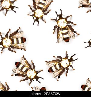 Viele detaillierte realistische Honigbienen, Insekten auf weißem nahtlosem Muster Stock Vektor